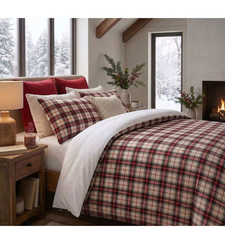 Einzelbettwäsche-Set, FR, 70 % Baumwolle / 30 % Polyester, Rot, Weiss, Beige
