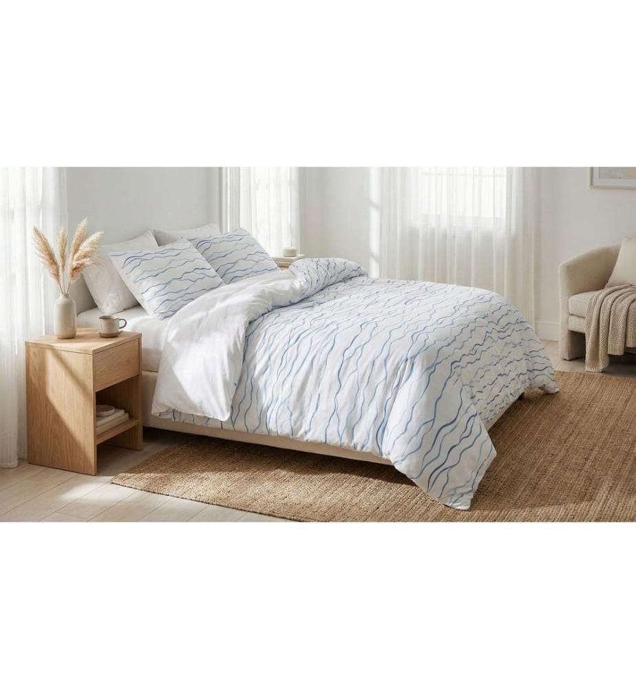 Doppelbettwäsche-Set, FR, 70 % Baumwolle / 30 % Polyester, Weiss, Blau, Hellblau