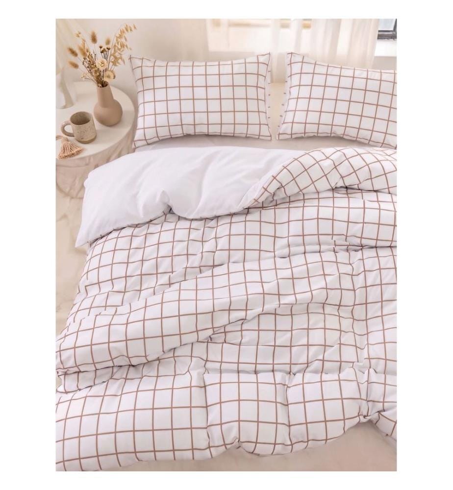Doppelbettwäsche-Set, FR, 70 % Baumwolle / 30 % Polyester, Weiss, Beige