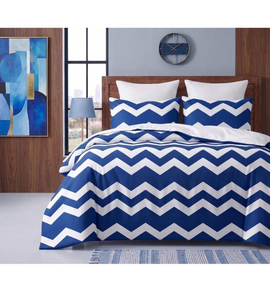 Doppelbettwäsche-Set, FR, 70 % Baumwolle / 30 % Polyester, Weiss, Blau