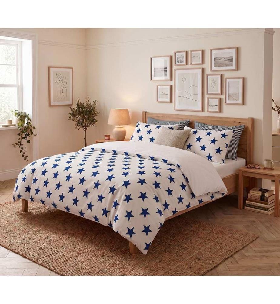 Doppelbettwäsche-Set, FR, 70 % Baumwolle / 30 % Polyester, Weiss, Blau