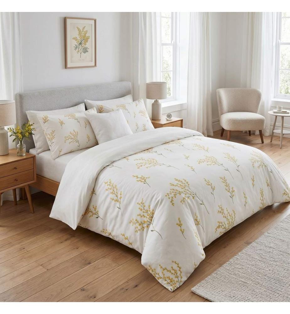 Housse de couette double, résistante à l'humidité, 70 % coton / 30 % polyester, blanc et jaune.