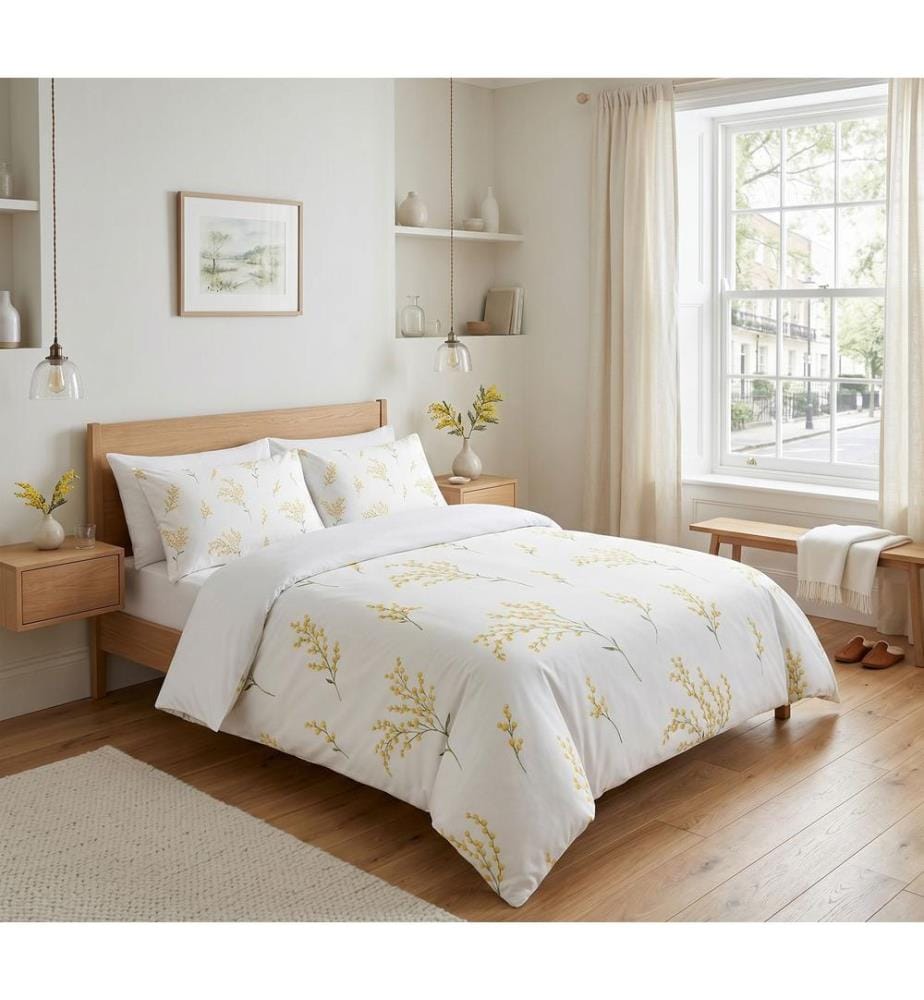 Housse de couette double, résistante à l'humidité, 70 % coton / 30 % polyester, blanc et jaune.