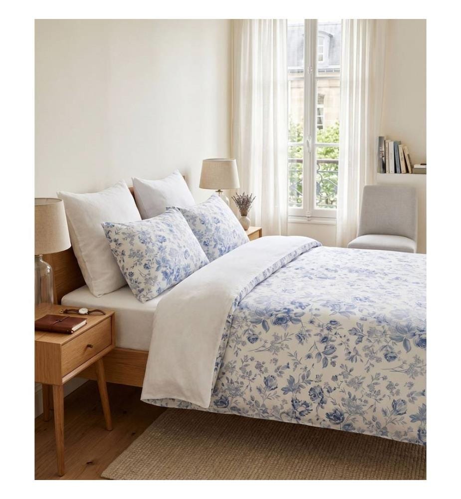Doppelbettwäsche-Set, FR, 70 % Baumwolle / 30 % Polyester, Weiss, Blau