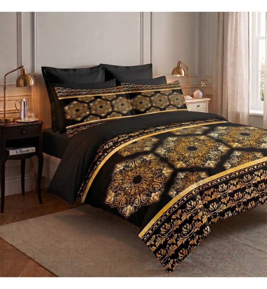 Doppelbettwäsche-Set, FR, 70 % Baumwolle / 30 % Polyester, Gold, Schwarz