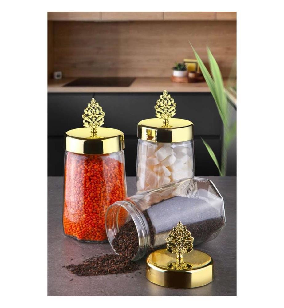Boîte de rangement, 3 pièces, or transparent, verre