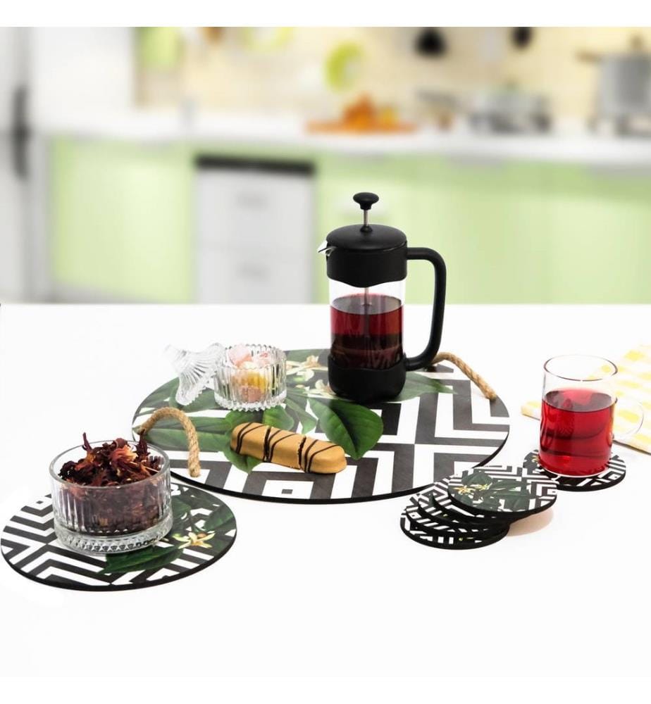 Holztablett & Glasuntersetzer-Set, 8-teilig, Multicolor, Holz
