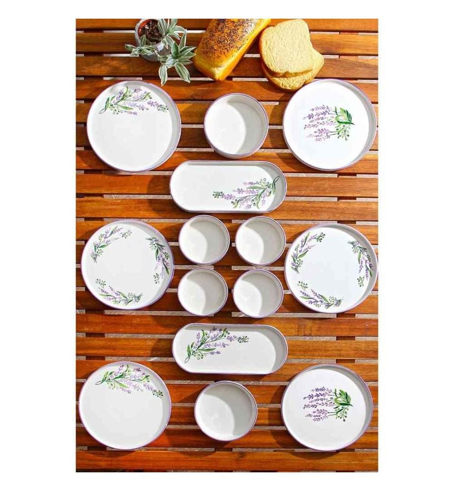 Breakfast Set, 14 Pieces, White, Purple, Green, 100% Ceramic