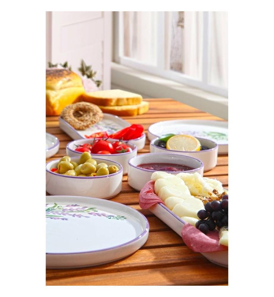 Breakfast Set, 14 Pieces, White, Purple, Green, 100% Ceramic
