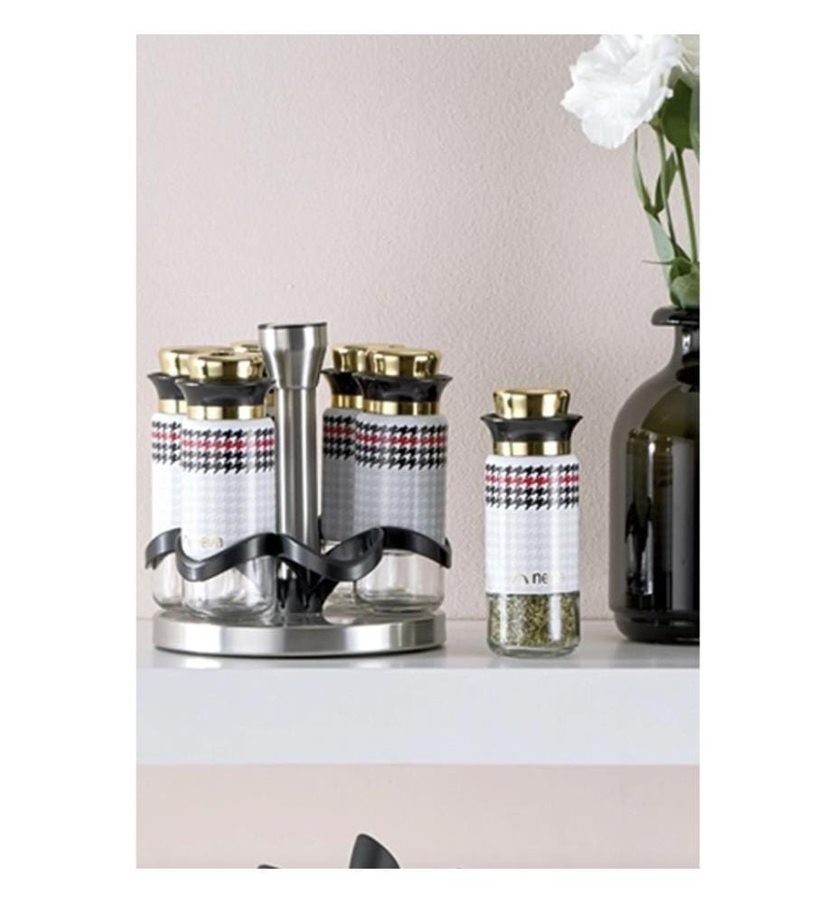 Spice Jar Set, 7 Pieces, White, Red, Black, 100% Stainmless Steeml