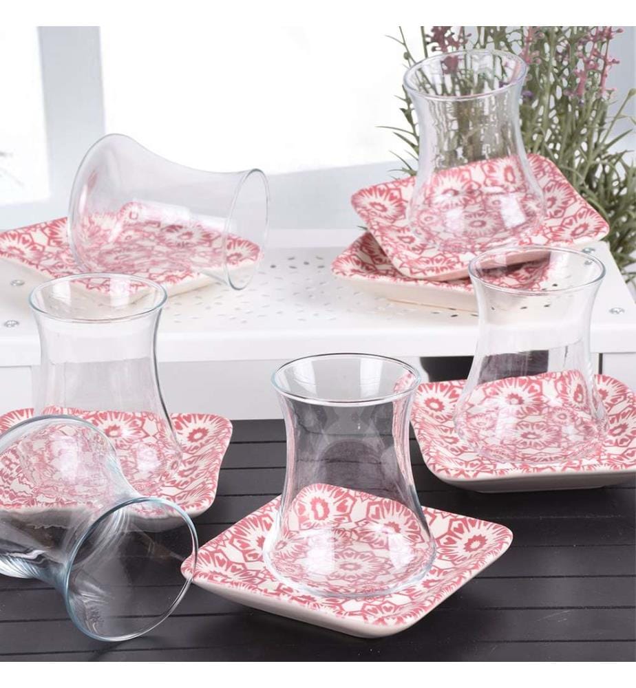 Tea Glass Set, 12 Pieces, PinkWhiteTransparent, Ceramic Stoneware, Does Not ABSorb Water