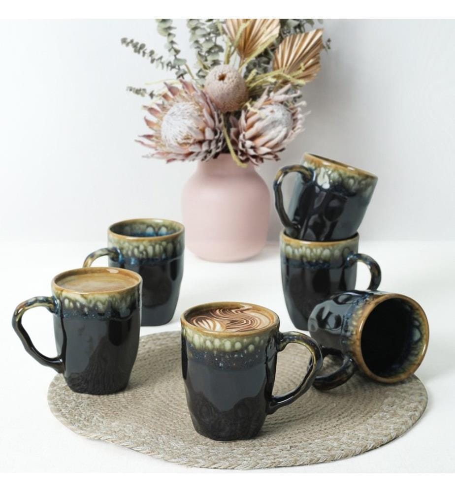 Mug Set, 6 Pieces, Black, 100% Ceramic, Antibacterial