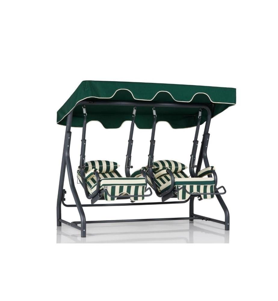 Chaise balançoire double de jardin, blanche, verte, noire, structure métallique, tissu polyester