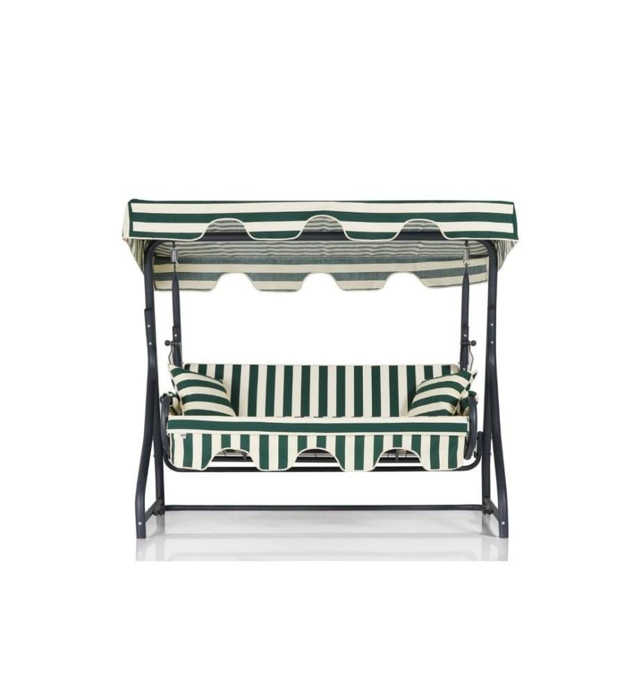 Chaise balançoire triple de jardin, verte, blanche, noire, structure métallique, tissu polyester