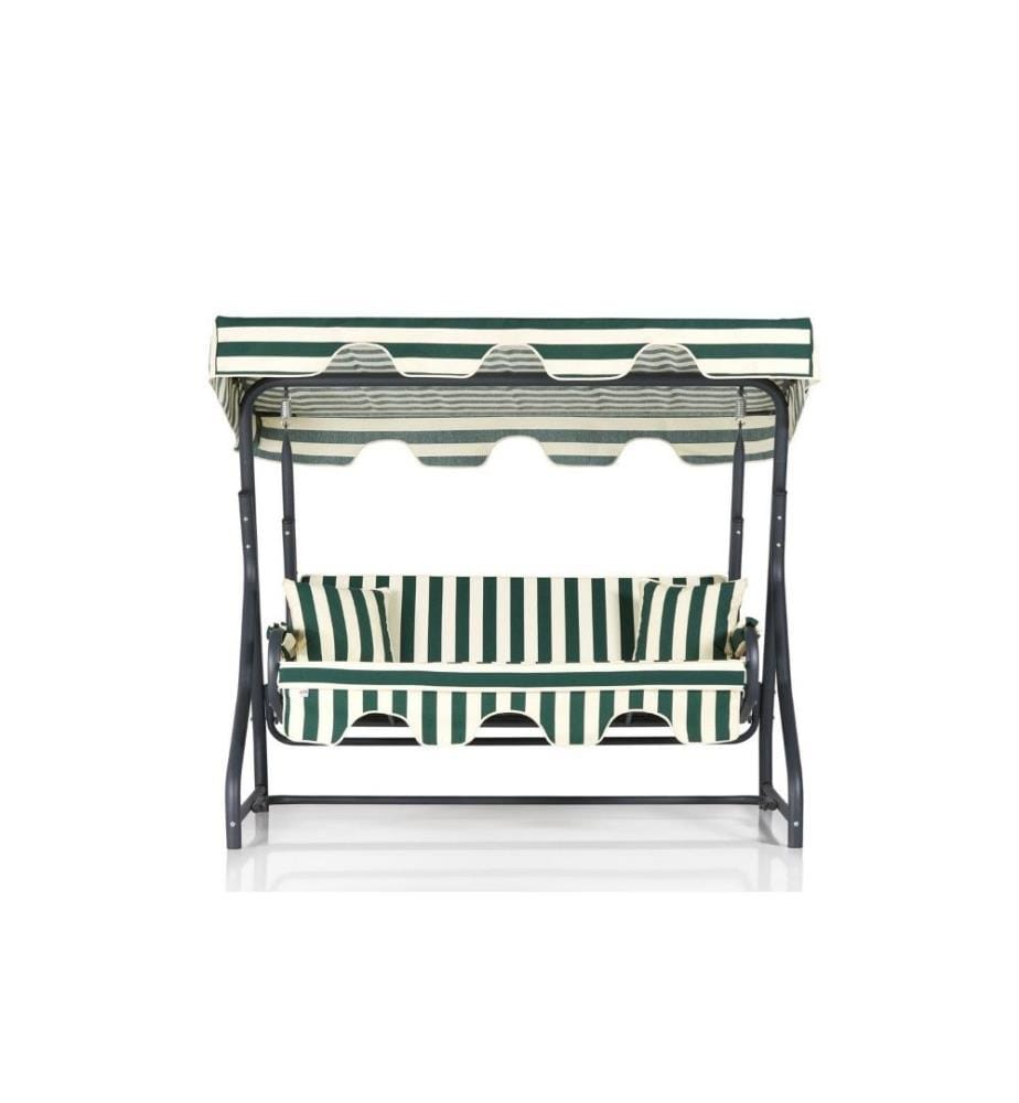 Chaise balançoire triple de jardin, verte, crème, structure métallique, tissu polyester