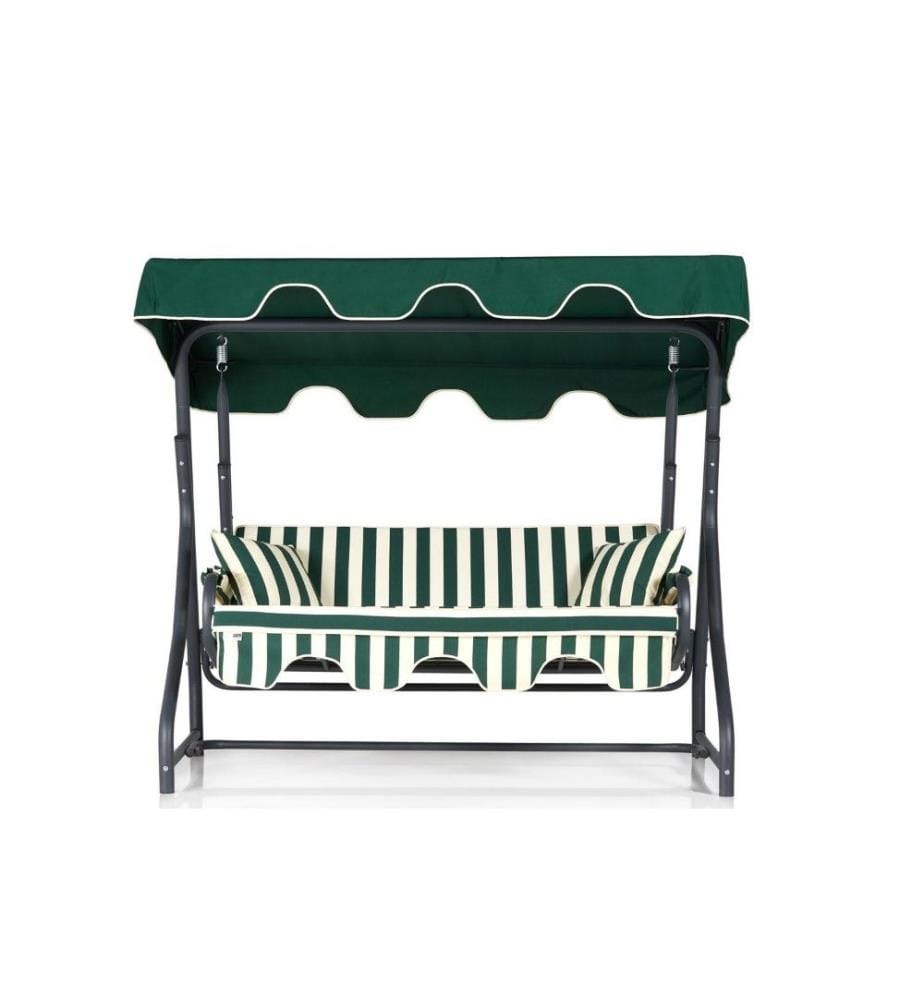 Chaise balançoire triple de jardin, verte, crème, structure métallique, tissu polyester