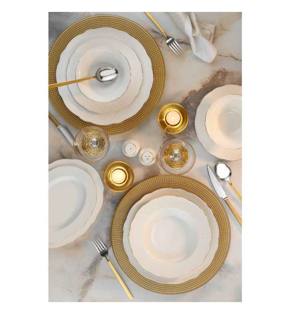 Dinner Set, 58 Pieces, Gold, White, Bone China