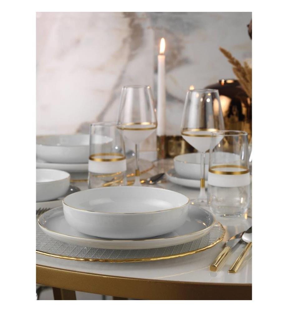 Dinner Set, 24 Pieces, Gold, White, Porcelain