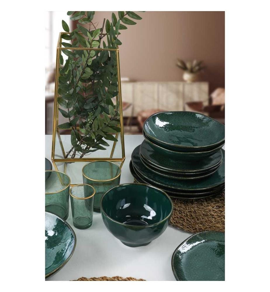 Ceramic Dinner Set, 24 Pieces, Dark Green, 100% Ceramic Stoneware, Antibacterial
