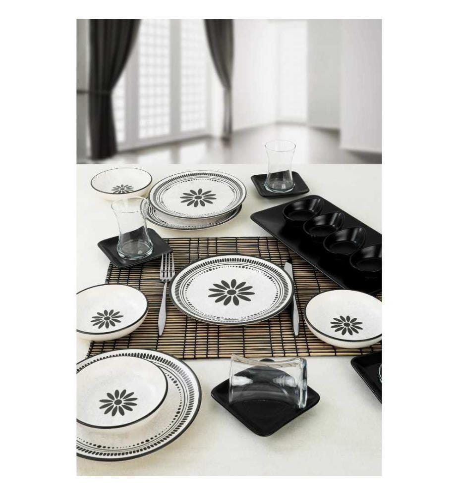 Breakfast Set, 21 Pieces, White, Black, Ceramic Stoneware, Does Not ABSorb Water
