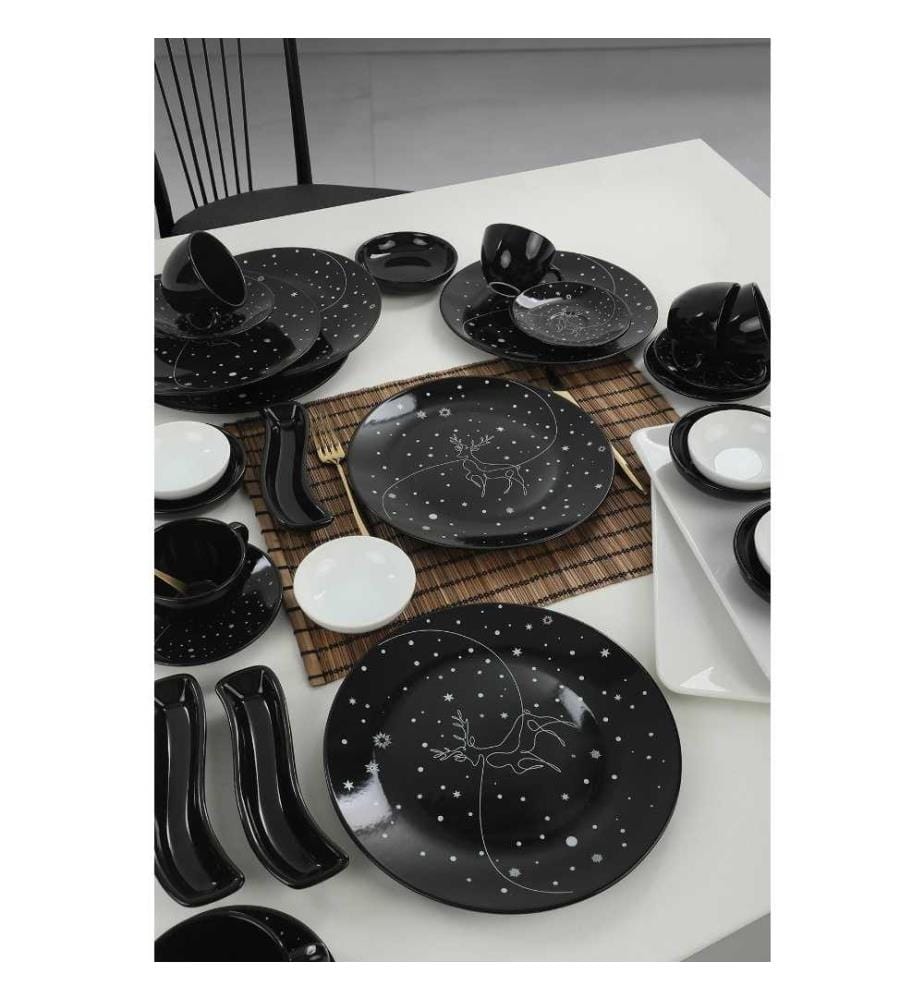Breakfast Set, 31 Pieces, Black, White, Ceramic Stoneware, Does Not ABSorb Water