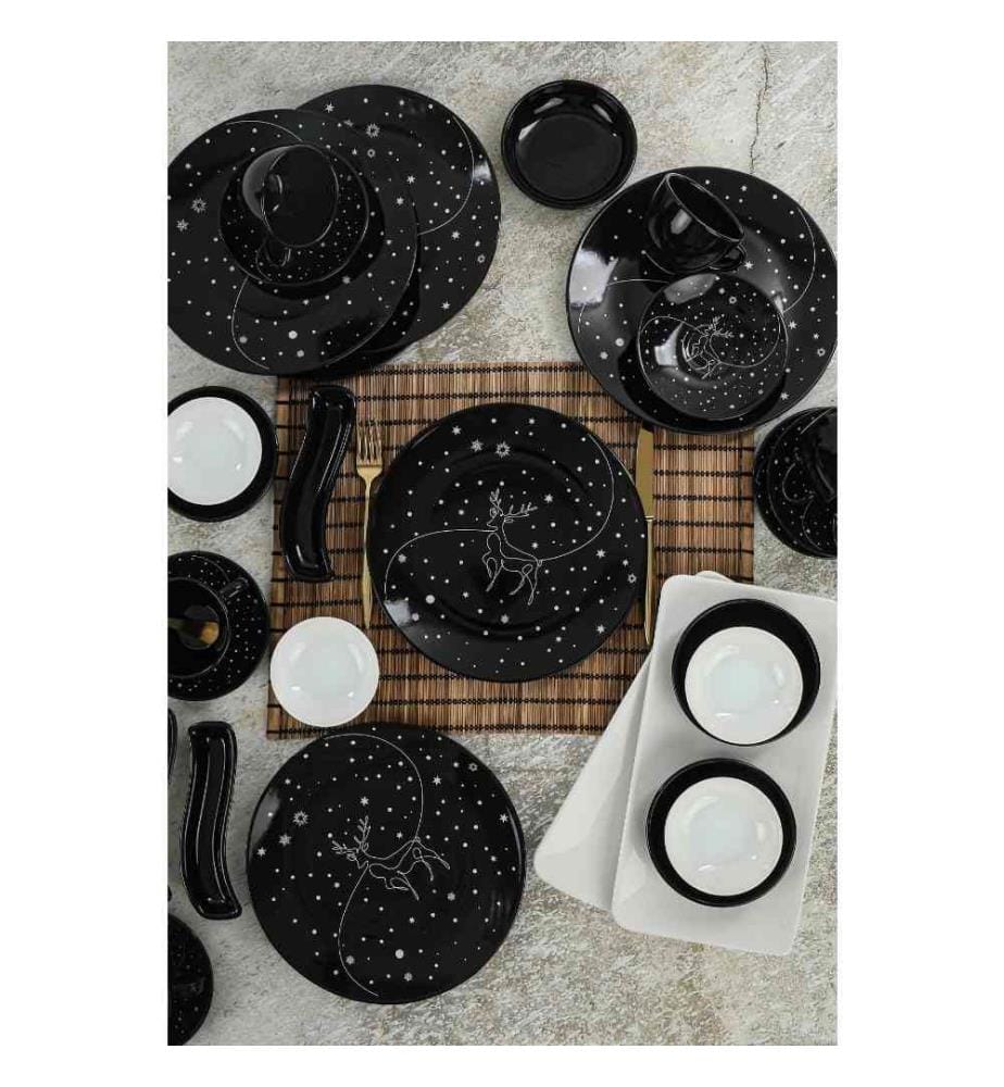 Breakfast Set, 31 Pieces, Black, White, Ceramic Stoneware, Does Not ABSorb Water