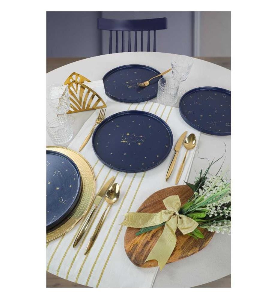 Service Plate Set, 4 Pieces, Navy Blue, Gold, Ceramic Stoneware, Does Not ABSorb Water