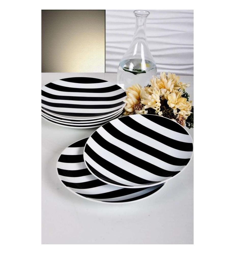 Service Plate Set, 6 Pieces, Black, White, Ceramic Stoneware, Does Not ABSorb Water