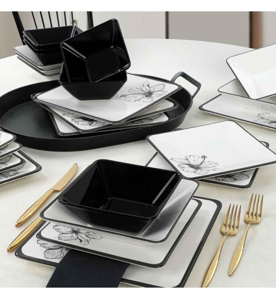 Dinner Set, 24 Pieces, Black, White, Ceramic Stoneware, Does Not ABSorb Water