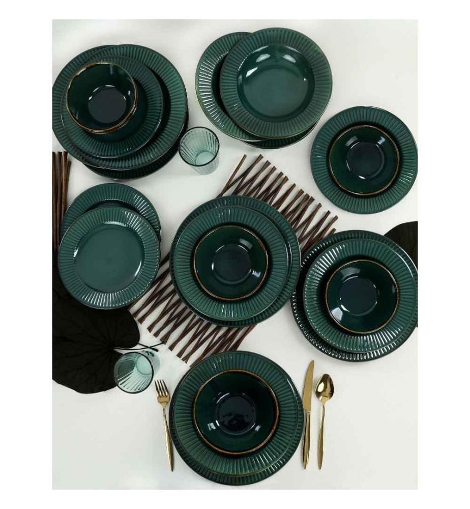 Dinner Set, 24 Pieces, Dark Green, Ceramic Stoneware, Does Not ABSorb Water