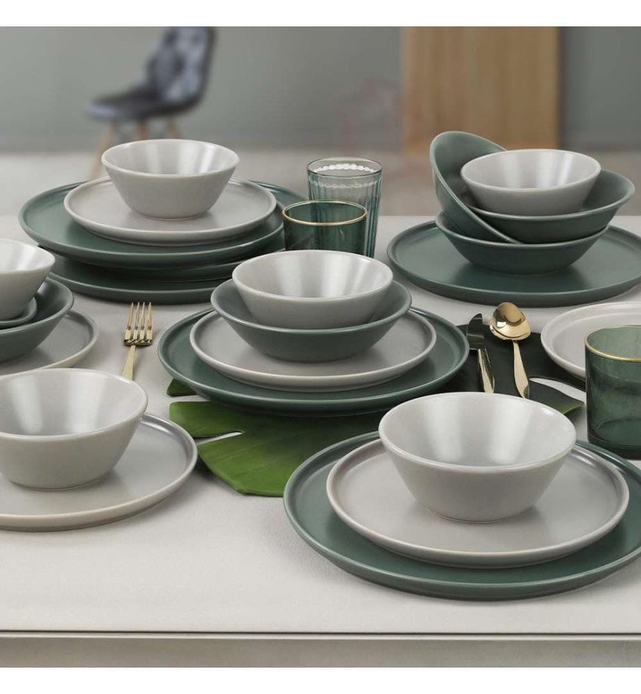 Ceramic Dinner Set, 24 Pieces, Green, White, 100% Ceramic Stoneware, Antibacterial
