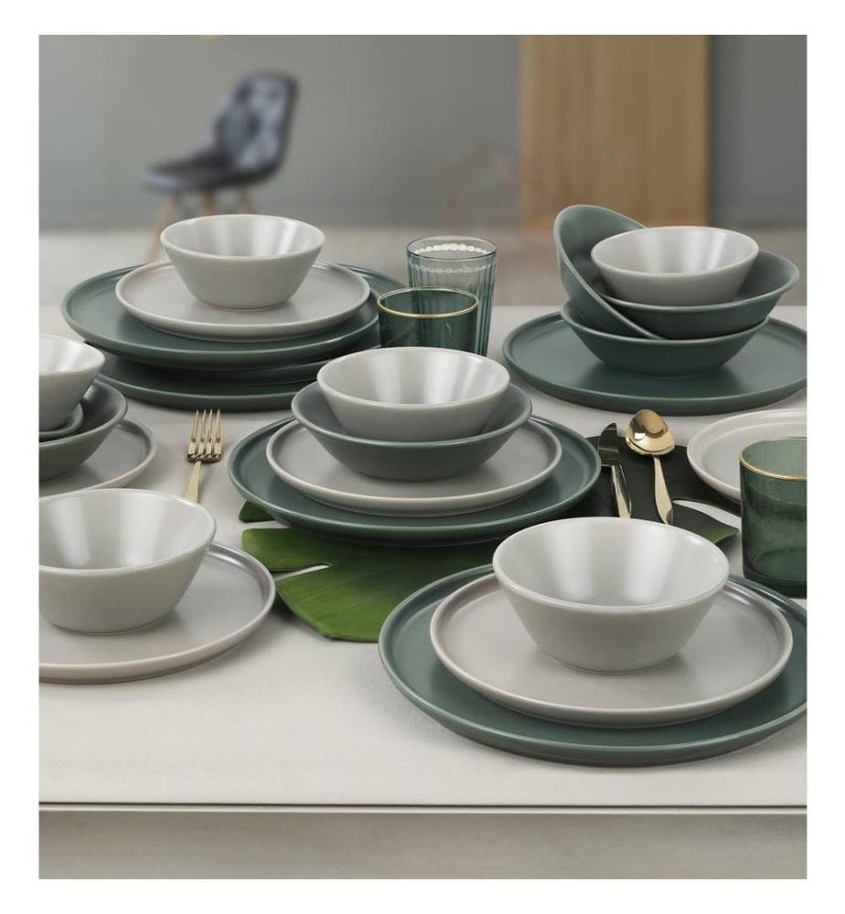Ceramic Dinner Set, 24 Pieces, Green, White, 100% Ceramic Stoneware, Antibacterial