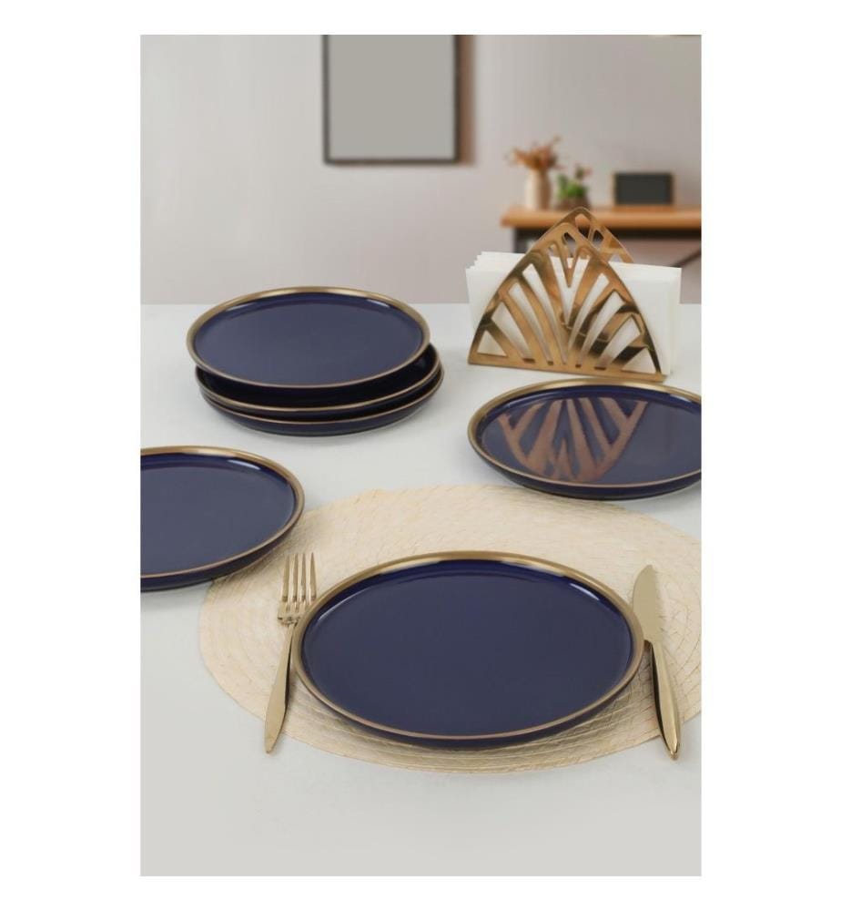 Dessert Plate Set, 6 Pieces, Navy Blue, Gold, Ceramic Stoneware, Does Not ABSorb Water