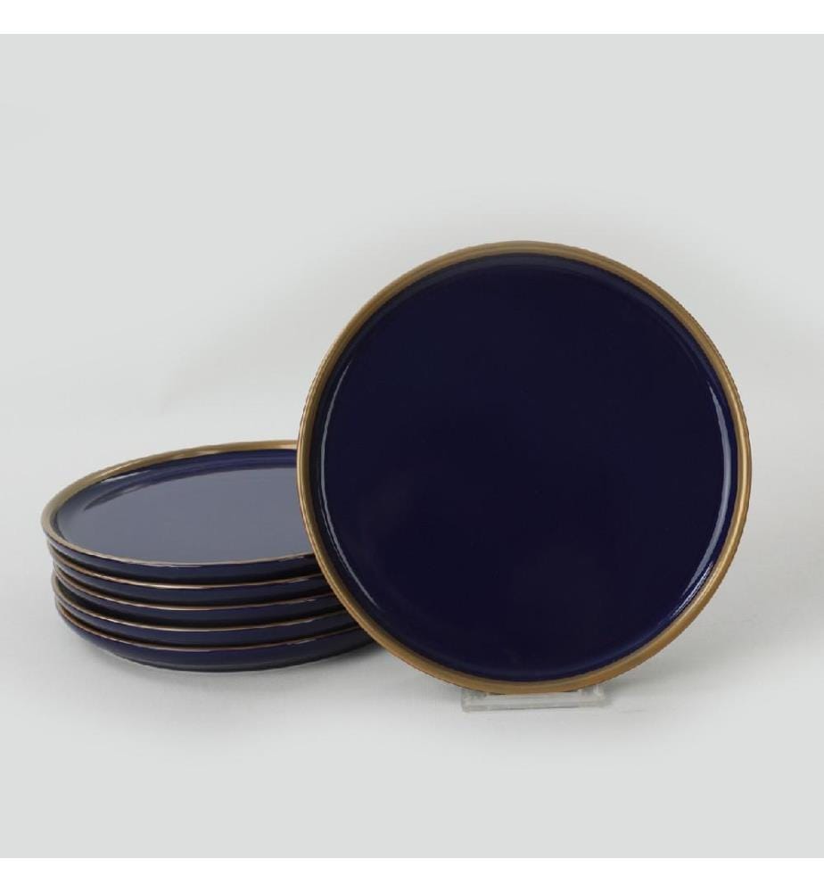 Dessert Plate Set, 6 Pieces, Navy Blue, Gold, Ceramic Stoneware, Does Not ABSorb Water