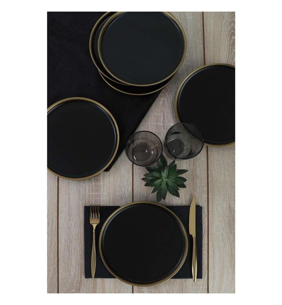 Dessert Plate Set, 6 Pieces, Black, Gold, Ceramic Stoneware, Does Not ABSorb Water