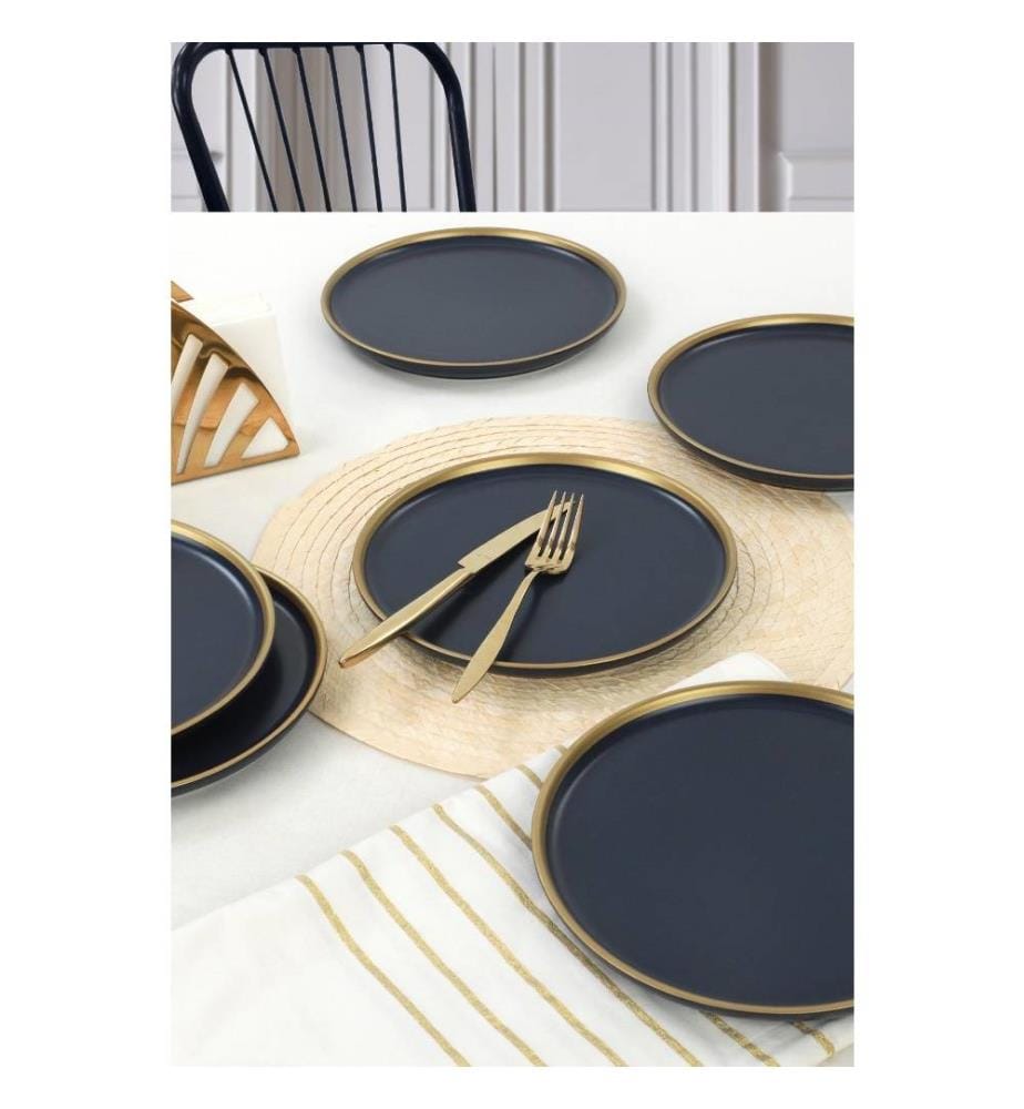 Dessert Plate Set, 6 Pieces, Navy Blue, Gold, Ceramic Stoneware, Does Not ABSorb Water