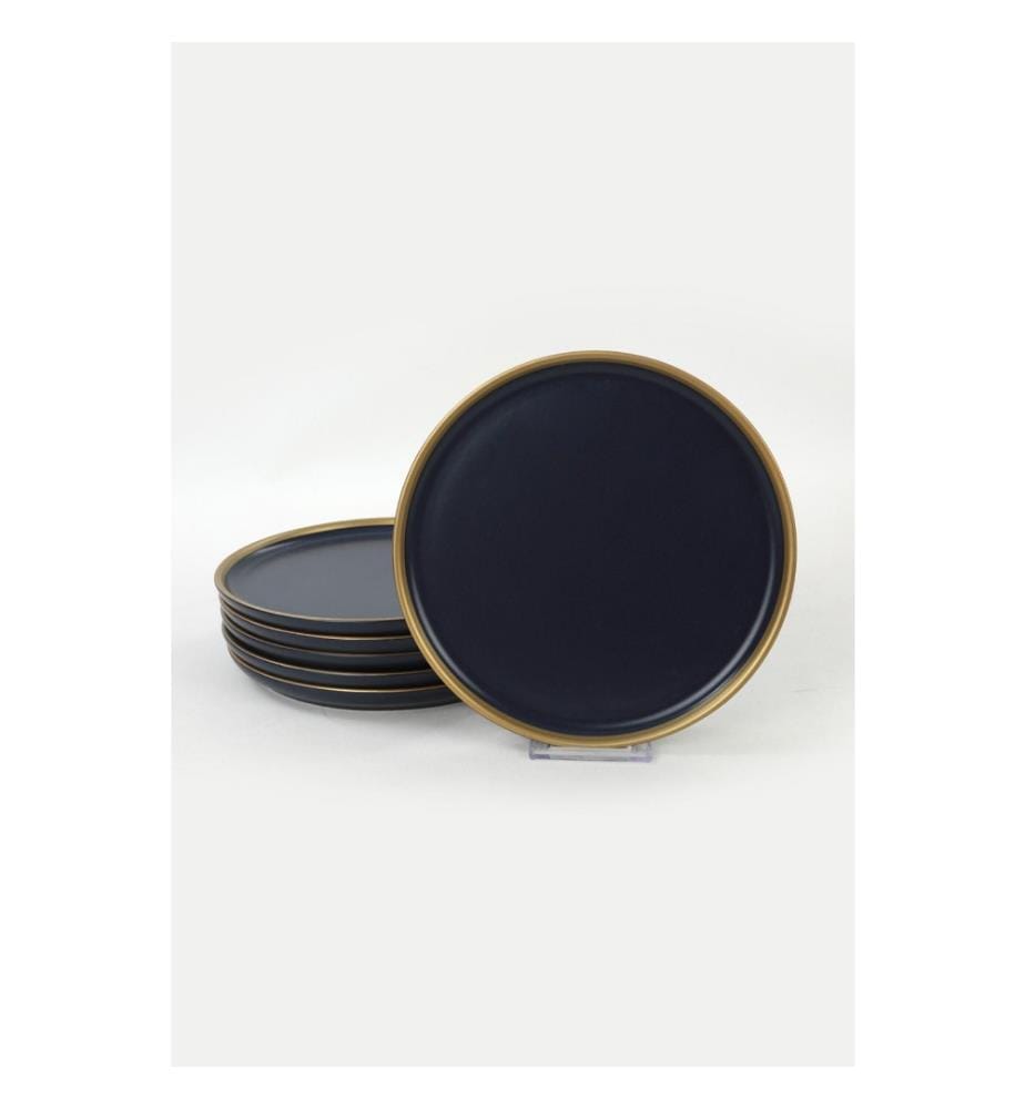 Dessert Plate Set, 6 Pieces, Navy Blue, Gold, Ceramic Stoneware, Does Not ABSorb Water