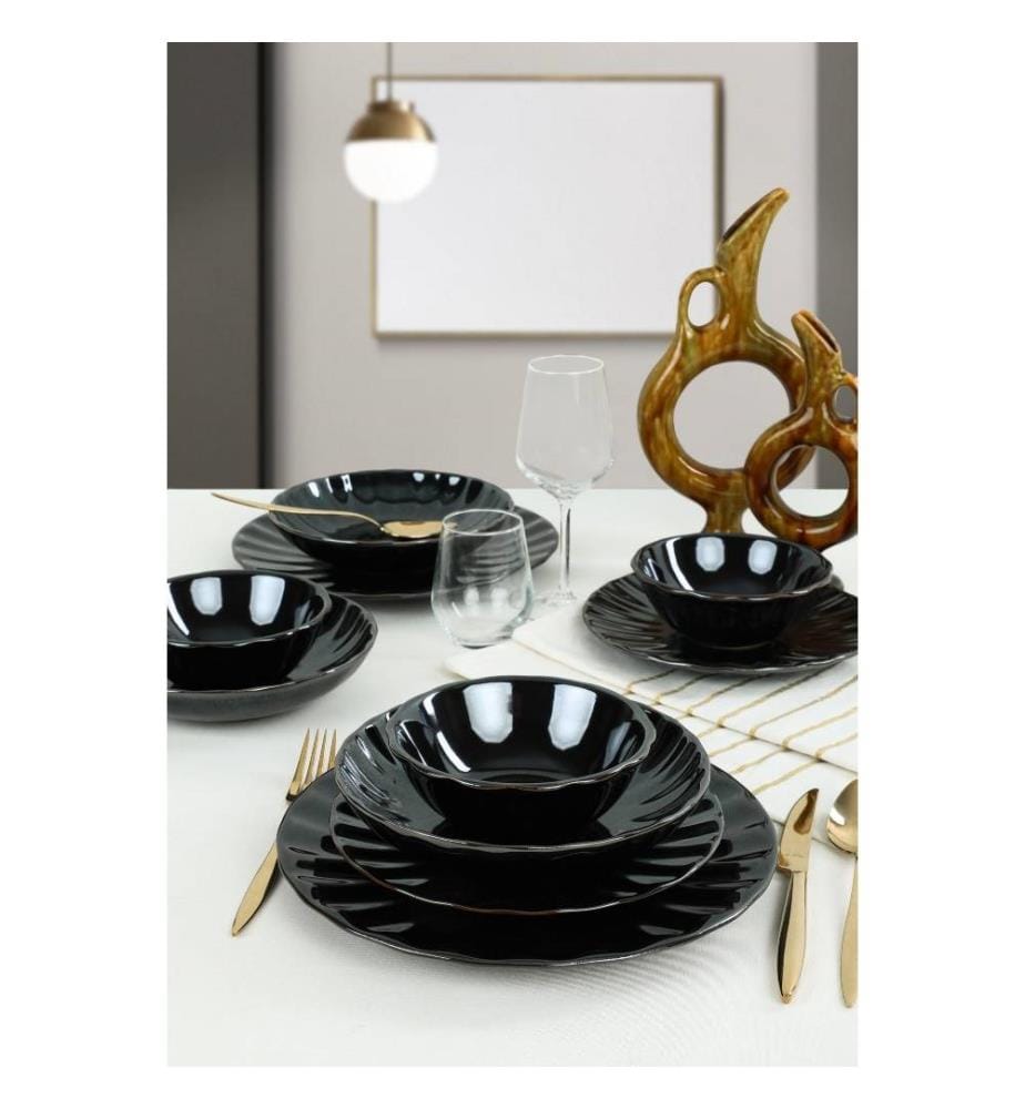 Dinner Set, 24 Pieces, Black, Ceramic Stoneware, Does Not ABSorb Water