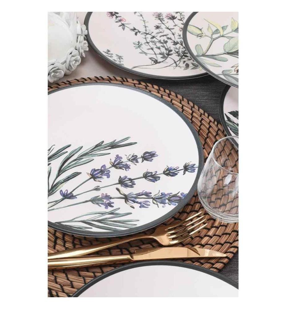 Service Plate Set, 6 Pieces, White, Green, Purple, Black, Ceramic Stoneware, Does Not ABSorb Water