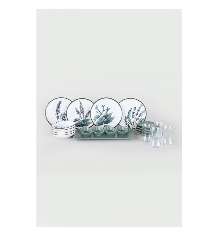 Breakfast Set, 21 Pieces, White, Green, Purple, Black, Ceramic Stoneware, Does Not ABSorb Water