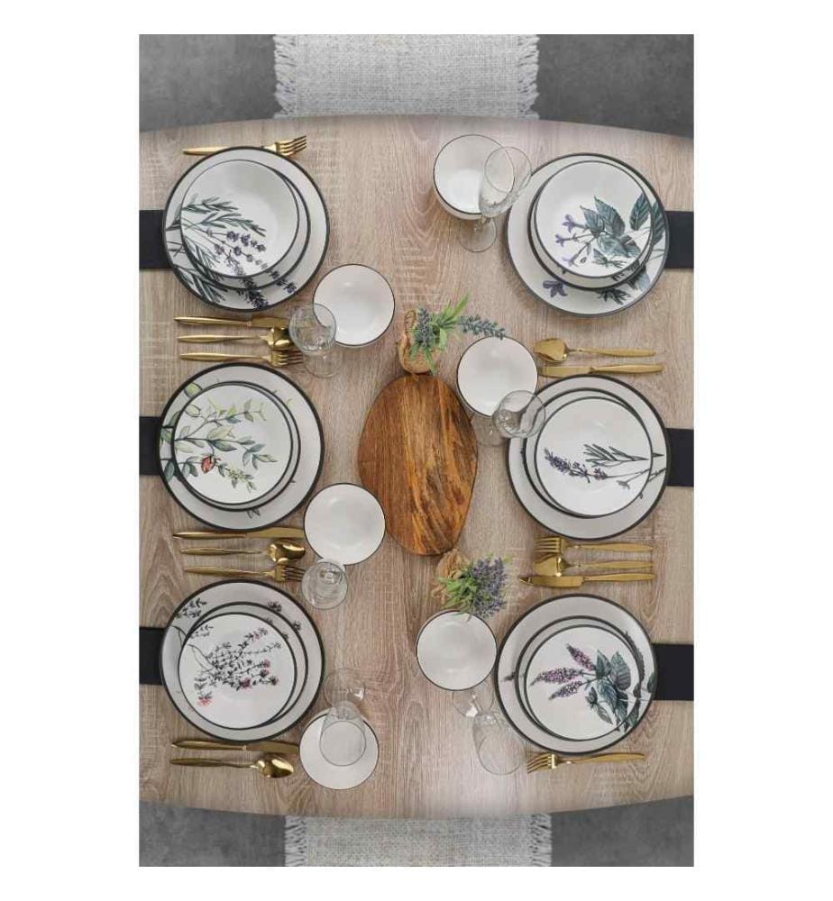 Service de table, 24 pièces, blanc, vert, violet, noir, grès céramique, n'absorbe pas l'eau