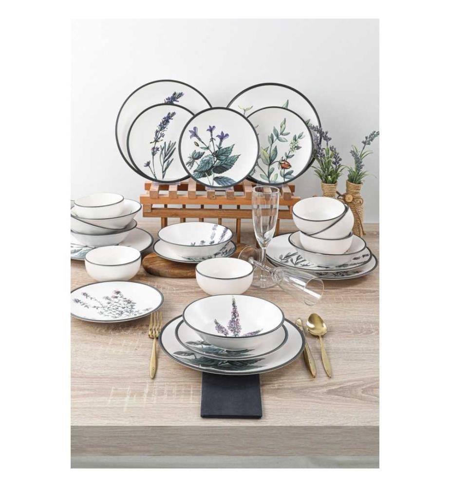 Service de table, 24 pièces, blanc, vert, violet, noir, grès céramique, n'absorbe pas l'eau