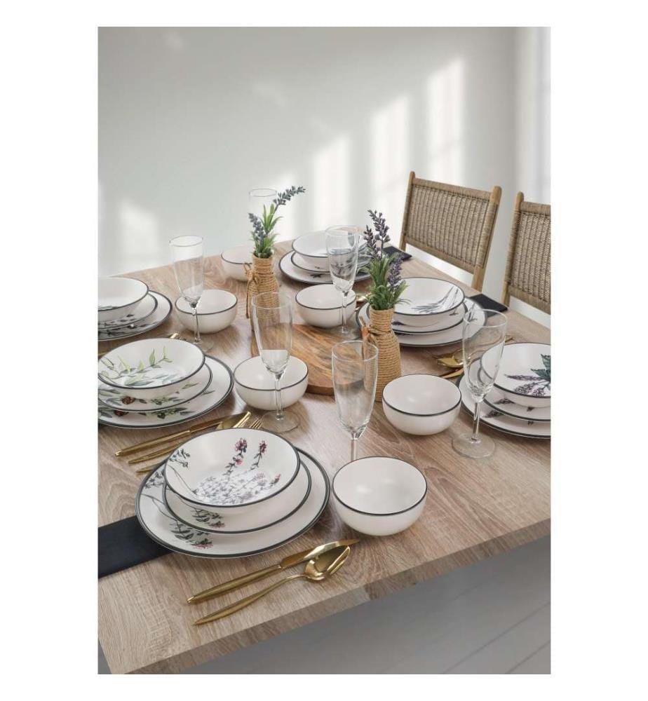 Service de table, 24 pièces, blanc, vert, violet, noir, grès céramique, n'absorbe pas l'eau