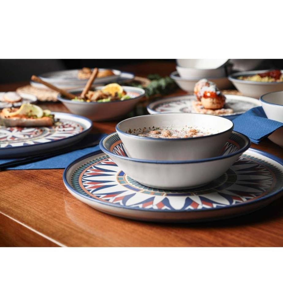 Ceramic Dinner Set, 24 Pieces, White, Blue, Gold, Red, Turquoise, 100% Ceramic Stoneware, Antibacterial