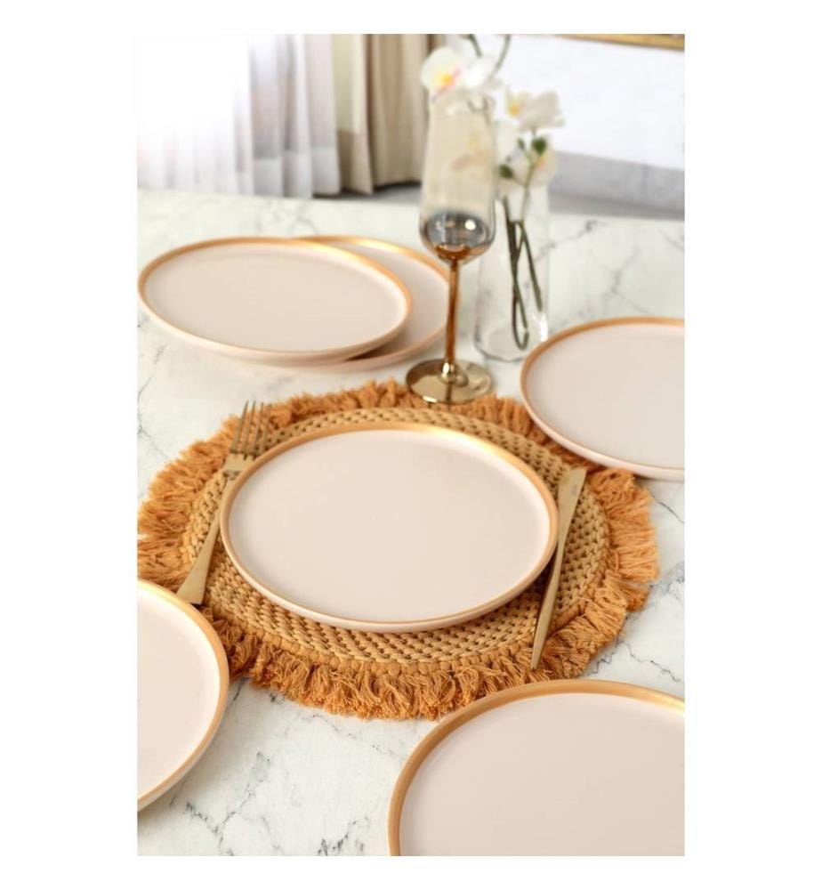 Cake Serving Set, 6 Pieces, Cream, Gold, 100% Ceramic, Antibacterial