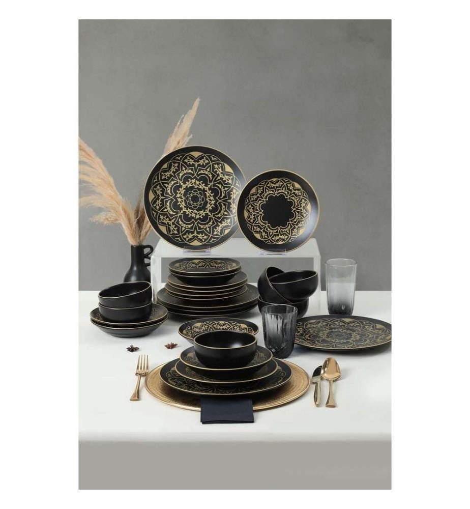 Ceramic Dinner Set, 24 Pieces, Black, Gold, 100% Ceramic, Antibacterial