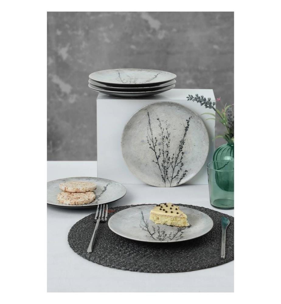Dessert Plate Set, 6 Pieces, White, Black, 100% Ceramic, Antibacterial