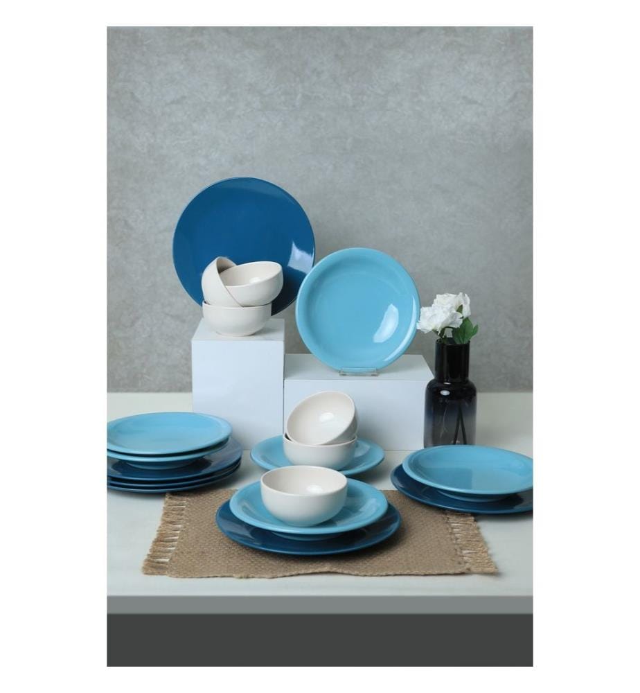 Ceramic Dinner Set, 18 Pieces, Blue, White, 100% Ceramic, Antibacterial