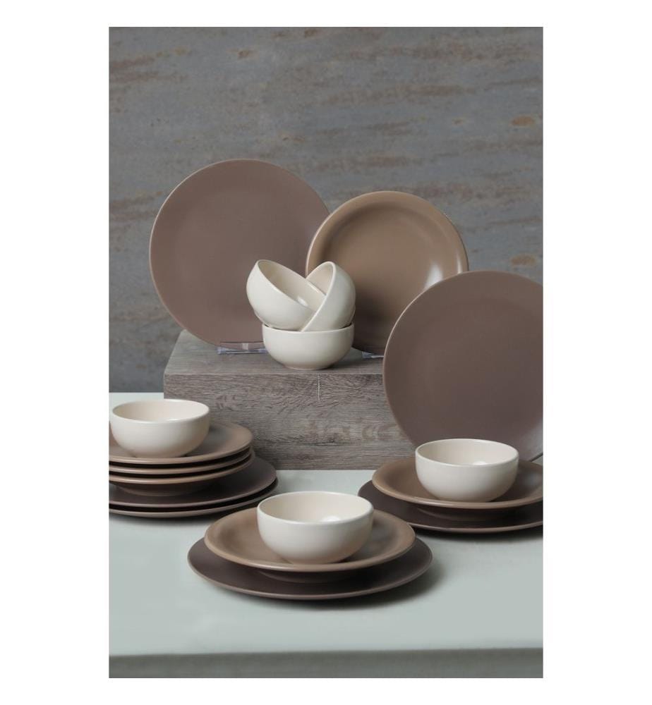 Ceramic Dinner Set, 18 Pieces, Brown, White, 100% Ceramic, Antibacterial