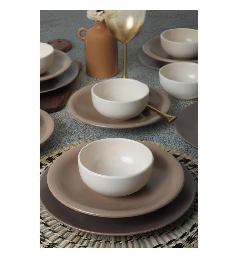 Ceramic Dinner Set, 18 Pieces, Brown, White, 100% Ceramic, Antibacterial